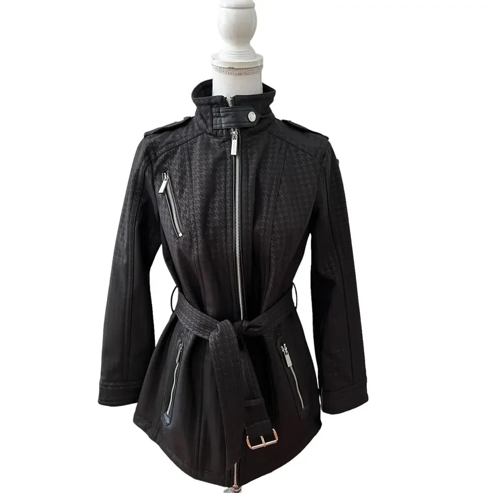 Michael Kors Weatherproof Belted Jacket Black Houndstooth Print S